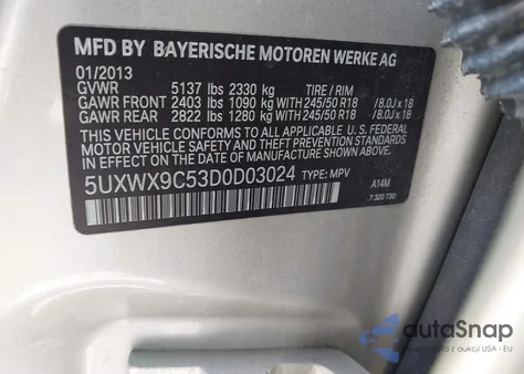2013 BMW X3 xDrive28I z USA, uszkodzony, nr VIN 5UXWX9C53D0D03024